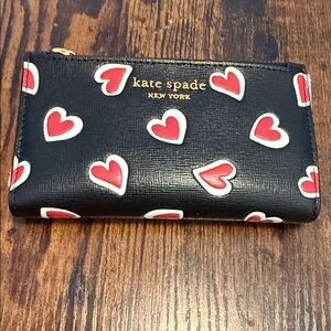 Kate Spade Black Card Holder with Red and White Heart Pattern
